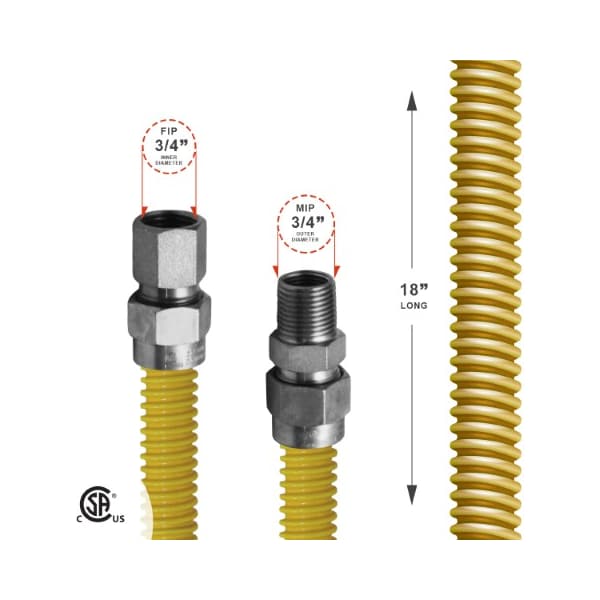 Gas Line Hose 1'' O.D.x18'' Len 3/4 FIPx3/4 MIP Fittings Yellow Coated Stainless Steel Flexible